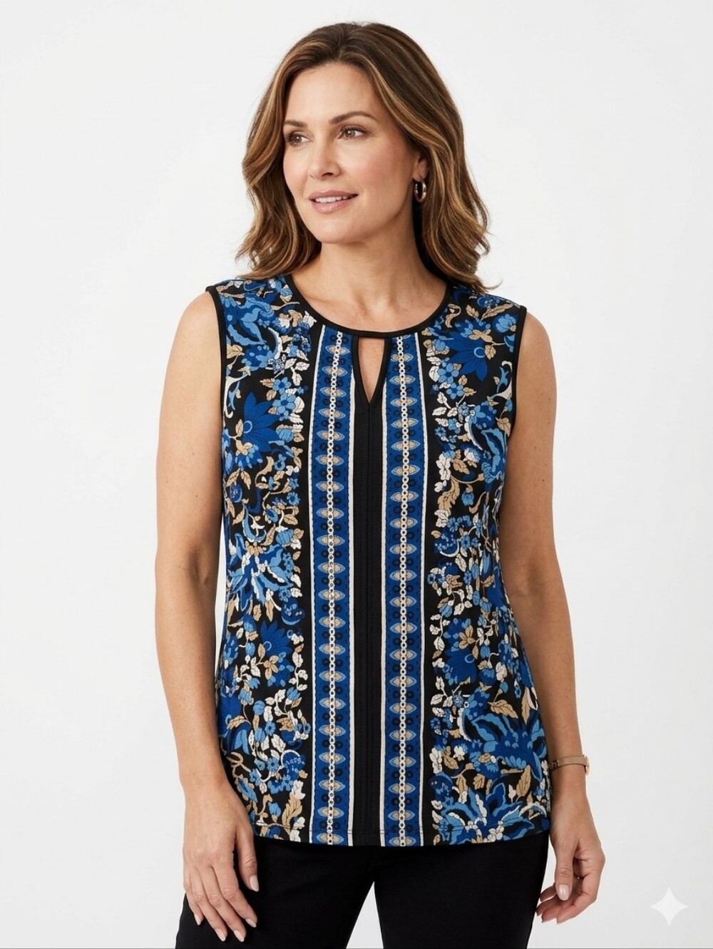 Women's Roz & Ali Floral Sleeveless Blouse, Retro Hippie Boho Chic Tank, L